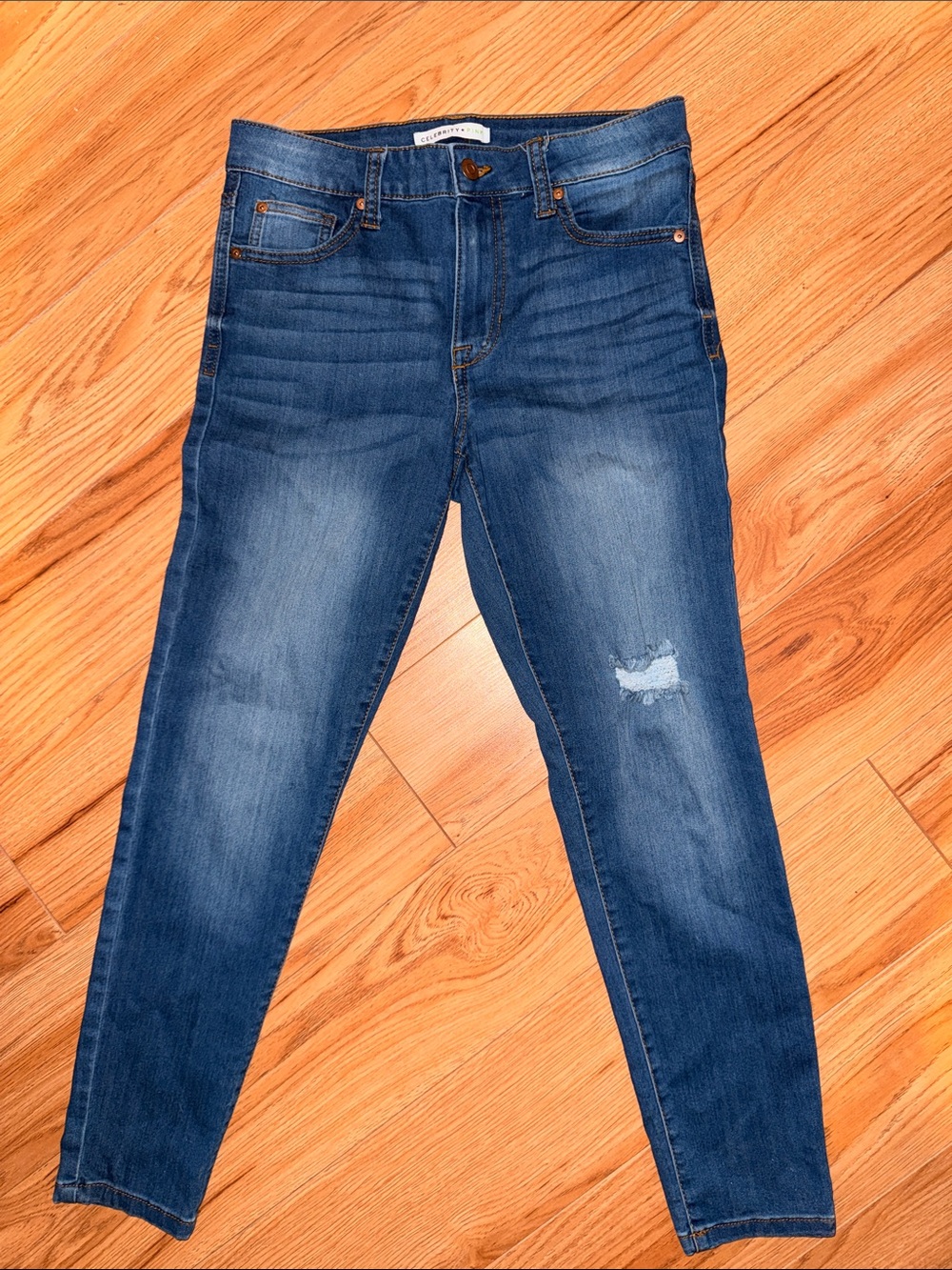 Celebrity Pink Medium Wash Skinny Jeans with Light Distress
